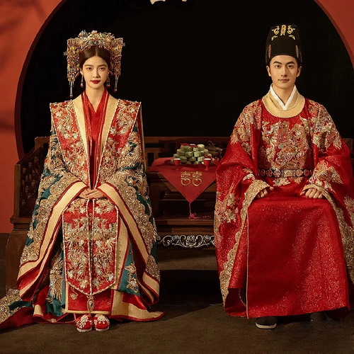 Династия песней ханфу свадебное платье Jinbao Red Male Green Женское хвост драконов свадебное платье Phoenix Guanxia Piece Китайская свадебная студия Фото тема