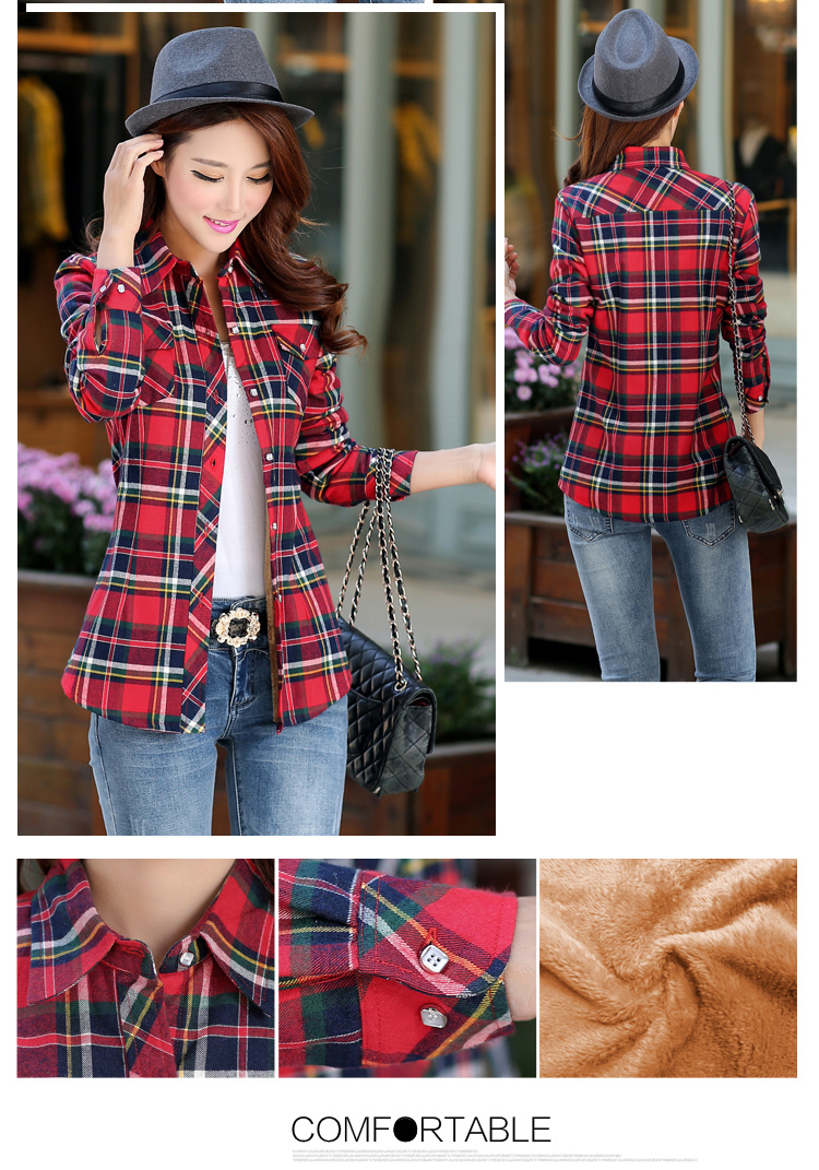 Áo sơ mi cotton mùa đông dày cộng với áo nhung kẻ sọc ấm áp nữ dài tay Hàn Quốc Slim áo cỡ lớn sơ mi hàn quốc
