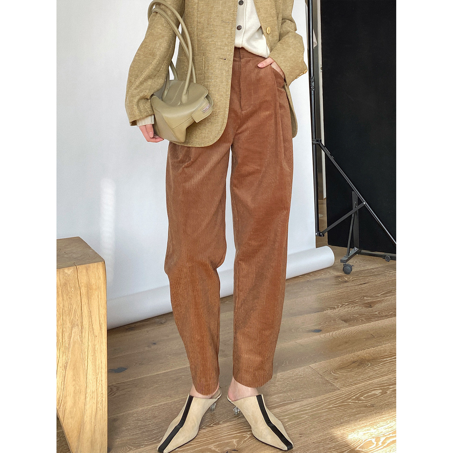 MRS Studios imported wool retro light core suede kharen pants high waist display slim casual Western pants Grandpants