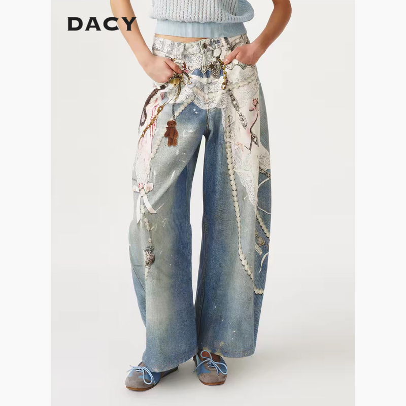 Kunling's Same Style Fordare/Fudi Lace Chain 3D Printed Jeans Genuine Product from Dacy Boutique