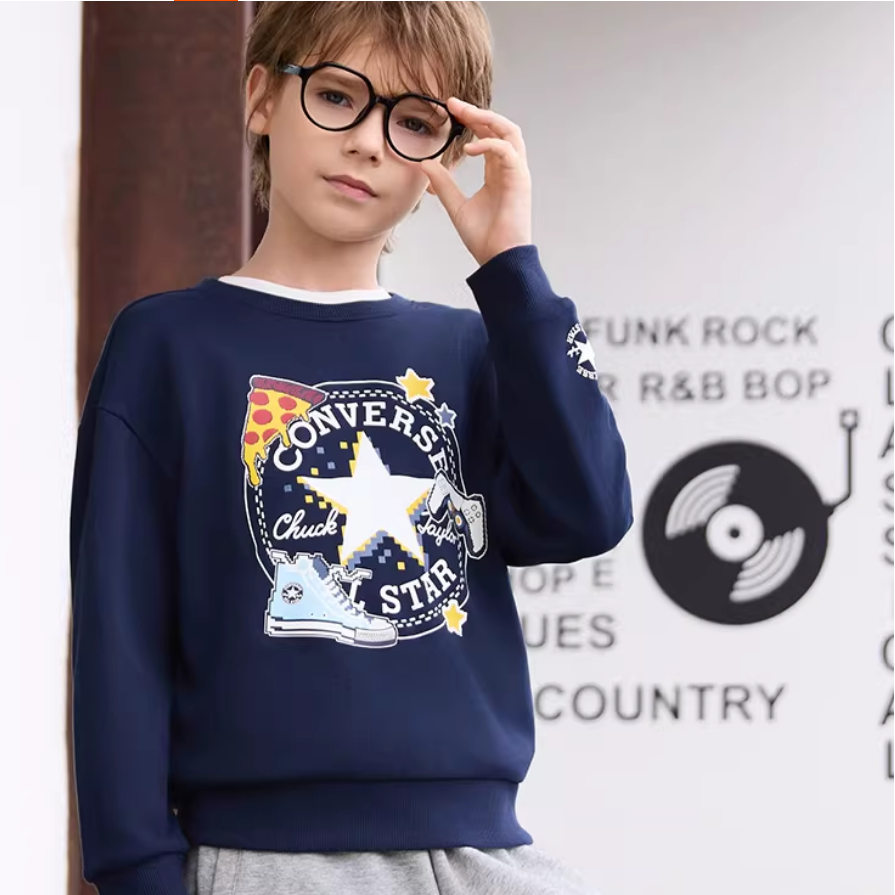 匡威童装男童卫衣2025学院风冬季纯棉上衣印花简约中大童打底衫