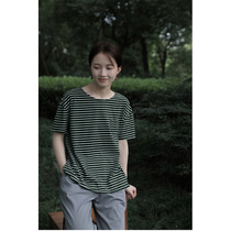An old original 2021 summer break with pure cotton green white striped retro round collar loose sleeve head knit T-shirt sweatshirt 2670