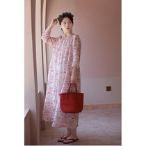 One old original summer 2021 pink line Ramie print round neck shirt style loose dress robe 4579