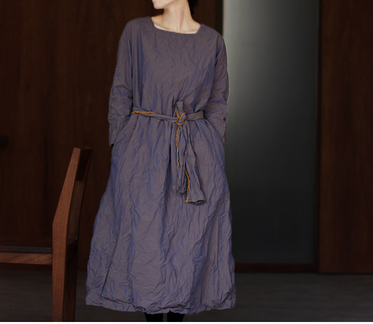 壹 Old gốc mùa thu và mùa đông mô hình mật độ cao cotton màu tím hai lớp cổ áo bên trong làm việc xếp li loose dress-vành đai 1807 đầm đẹp