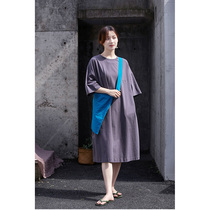 An old original with summer-style grey purple dry and soft round collar minimalist short sleeve knitted in a one-piece dress 2913