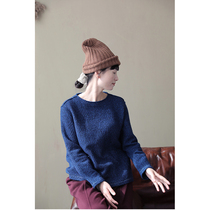 An old original with winter style starred night blue wool linen small jacquard round collar loose sleeve head warm knit blouse 4649