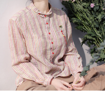 One old original spring and summer linen gauze Red and Yellow line striped small lapel single breasted envelope pocket shirt 3313
