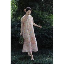 One old original 2021 summer model Ramie sea salt crushed flower stand collar buckle loose improved cheongsam skirt 4532-2