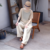 One old original summer model beige clear bone thin cotton yarn hazy transparent round neck knitted T-shirt 1332