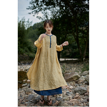 An old original with summer gold and yellow linen double double layer inside and outside striking color round collar side open fork loose even dress 5636