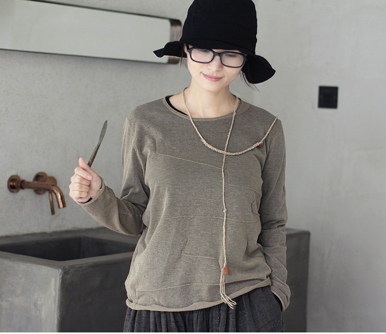 An old original autumn raw hemp color silk cotton strong twist yarn semi-transparent jacquard process loose pullover 1221-1