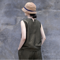 One old original summer Silk Silk flax Hestone green round neck split sleeveless straight loose pullover vest 4267