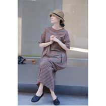 One old original 2021 summer color stripe soft skin-friendly folk art style loose medium knitted T-shirt 2613