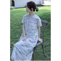 One old original 2021 summer model Ramie color strip stand collar oblique placket buckle loose improved cheongsam skirt 4532-3