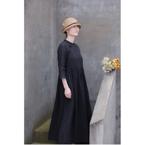 One old original summer 2021 black 35 fine linen lightweight stand collar broken pleated cheongsam cheongsam modified dress 4568