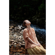 One old original with summer linen peach orange Lean Breathable Linen Collar Open Flap Open Flap Edge Loose small shirt 5635