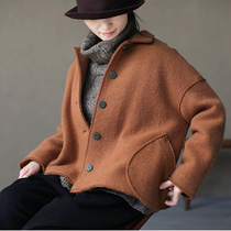 One old original winter sandstone Brown Australian wool imitation coarse knit twill lapel round pocket thick coat 4339