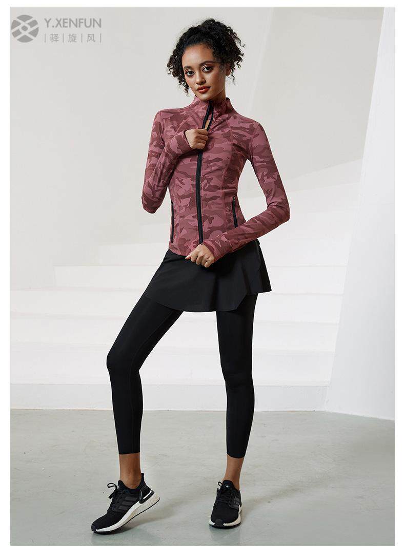 Запуск куртки 秋冬新款健身外套女裸感迷彩跑步运动修身训练服普拉提瑜伽服上衣