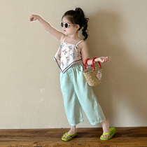 Korean childrens clothing girls suit 2024 summer baby girl design silk scarf halter top small fresh jeans trendy