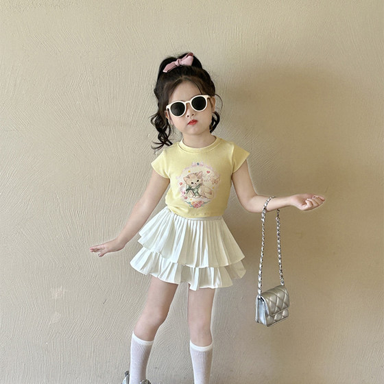 
Girls strap printed T-shirt 2025 summer new children's fashionable personality slim short-sleeved top pleated skirt pants