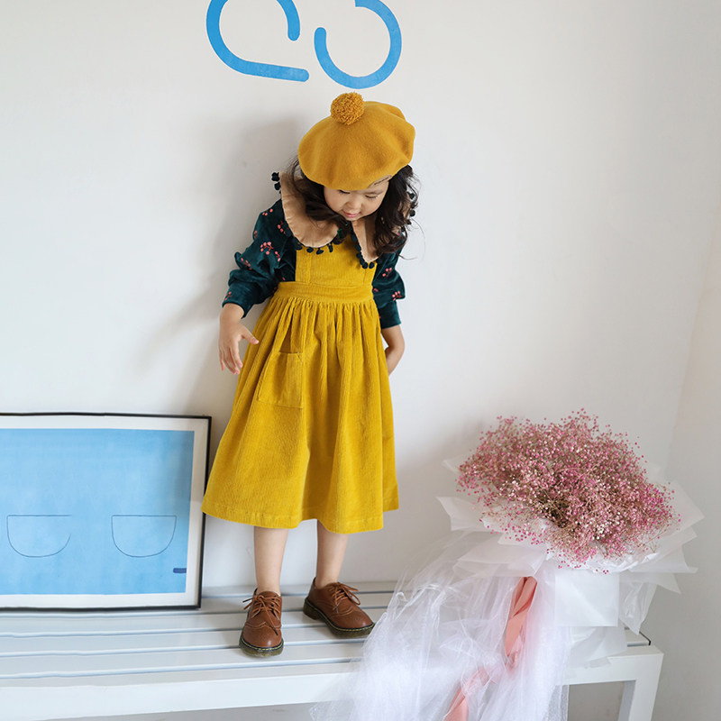 IFKIDS Children's Clothing Spring New Girl Baby Color Great Yellow Core Pocket and Dress