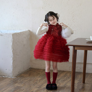 女童新中式红色亮片网纱连衣裙2025冬女孩加绒蛋糕裙背心裙公主裙