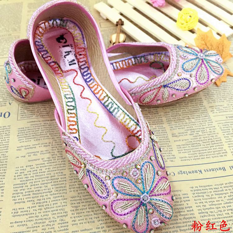 New Strings Beads Flat Bottom Shallow Mouth Pakistan Handmade Cow Leather Women Shoes Nepal National Wind Single Shoe Embroidered Shoes