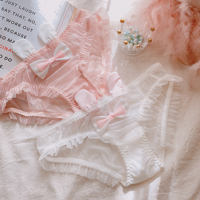 Teenage Girl Pants Cute Rabbit Ears Mesh Yarn Fabric White Lace Breathable Pure Cotton Sweet and Sexy Young Tons