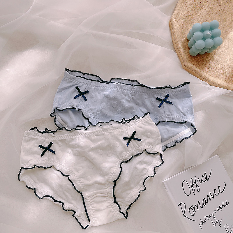 Cotton girl underwear Japanese bowknot blue ruffled briefs women's bag hip breathable wave point jacquard cute