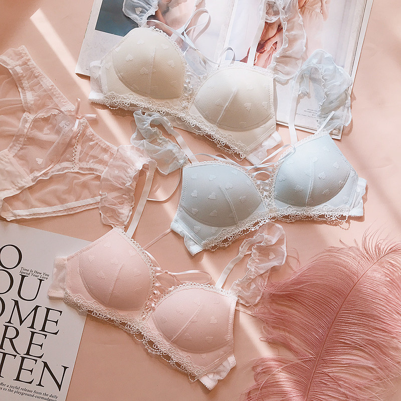 Day Ensemble Sweet girls Strap Free Steel Ring Bra Ribbon LOVE MESH YARN BUTTERFLY KNOT FLY EDGE POLY LINGERIE SUIT