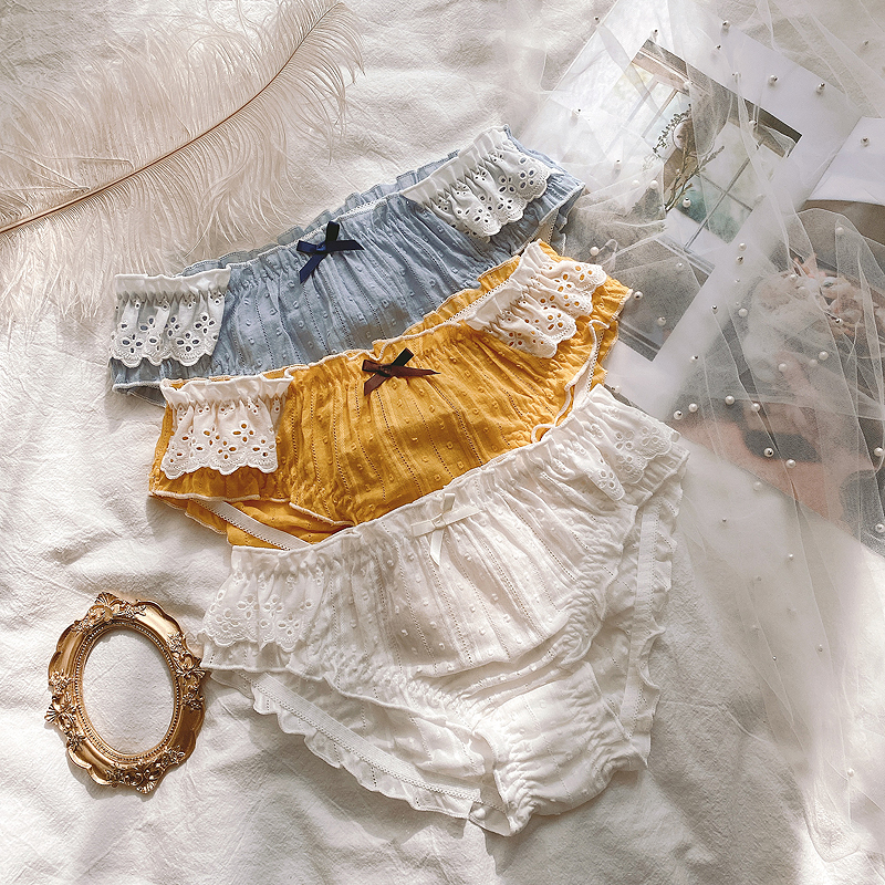 Lady New Briefs Teenage Girl Folds Lace Retro Pure Cotton Day Series Fresh Pure Floral Side Butterfly Knot Shorts Woman