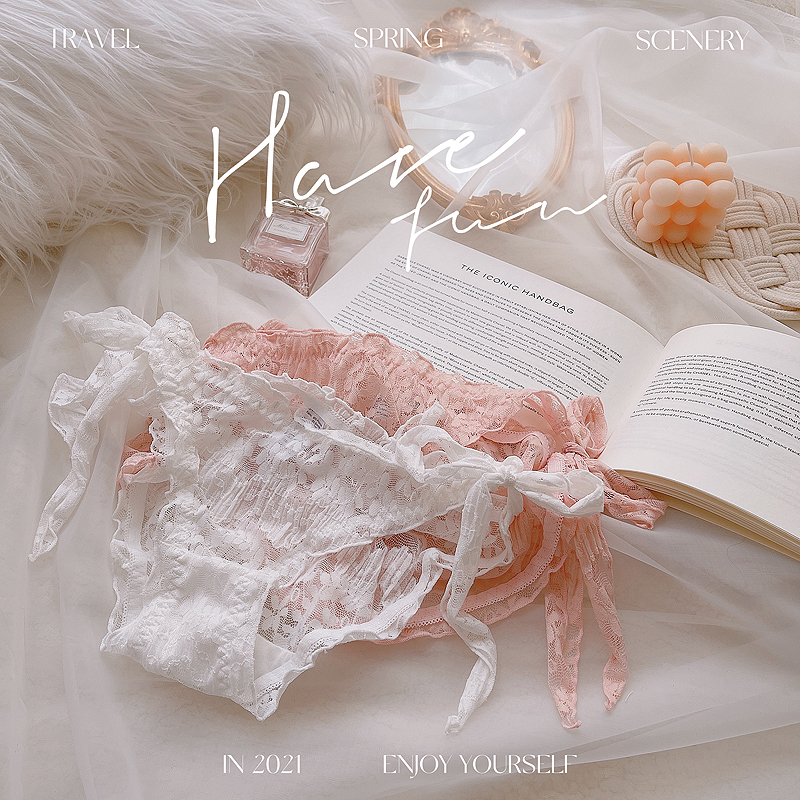 Sweet Lace Women's Panties Double Bow Fairy Lace Mid Waist Shorts New Arrival Strap White Sexy Briefs