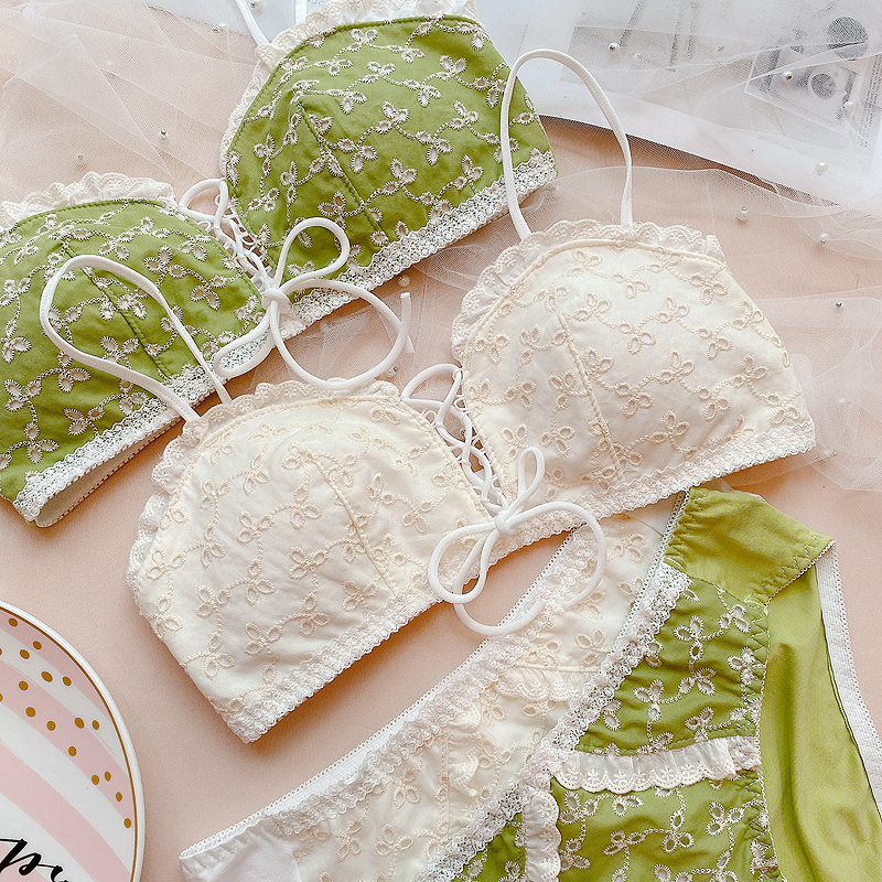 Japanese Cotton Embroidered Underwear Set Hollow Strap Girl Ringless Bra Sweet Half Cup Underwear avocado
