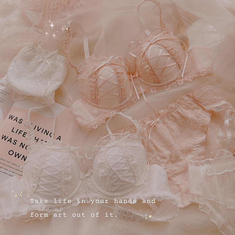 Half a cup of underwear japanese sweet ribbon bra JK girl sexy little bra set on the bracket bra