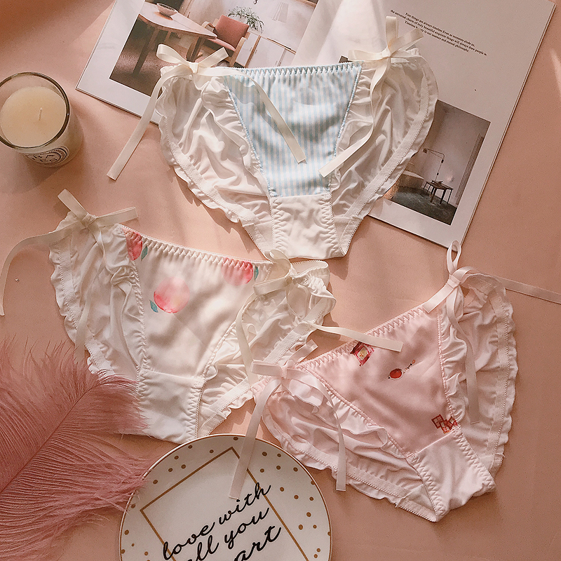 Japanese girls panties milk silk ladies briefs satin ribbon peach floral shorts sweet low waist panties