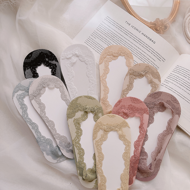 3 pairs of spring and summer thin invisible socks boat socks cotton bottom sweat-absorbing cross lace sweet non-slip and solid color women's socks