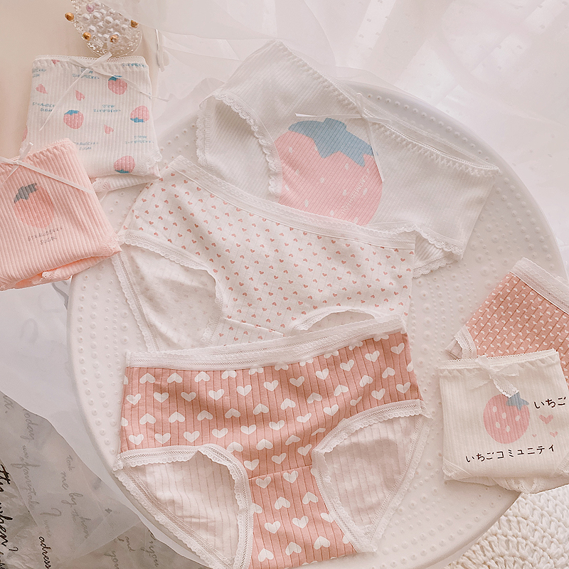 3 packs of cute girls Japanese underwear pure cotton sweet love strawberry bow shorts sweet and simple