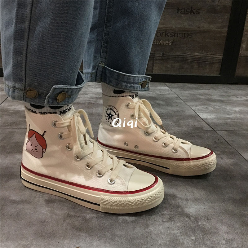 Qiqi master's white high-top canvas shoes women's personality original homemade hand-painted style anime pattern board shoes women