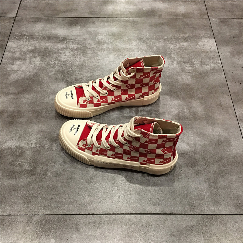 Pull back the leap joint chessboard canvas shoes women's plaid high tube ins trend board shoes women's autumn new women's shoes