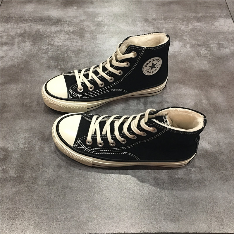 Two cotton shoes women's plus velvet 1970s canvas shoes women's high-top sneakers students ulzzang all-match 2022 spring new