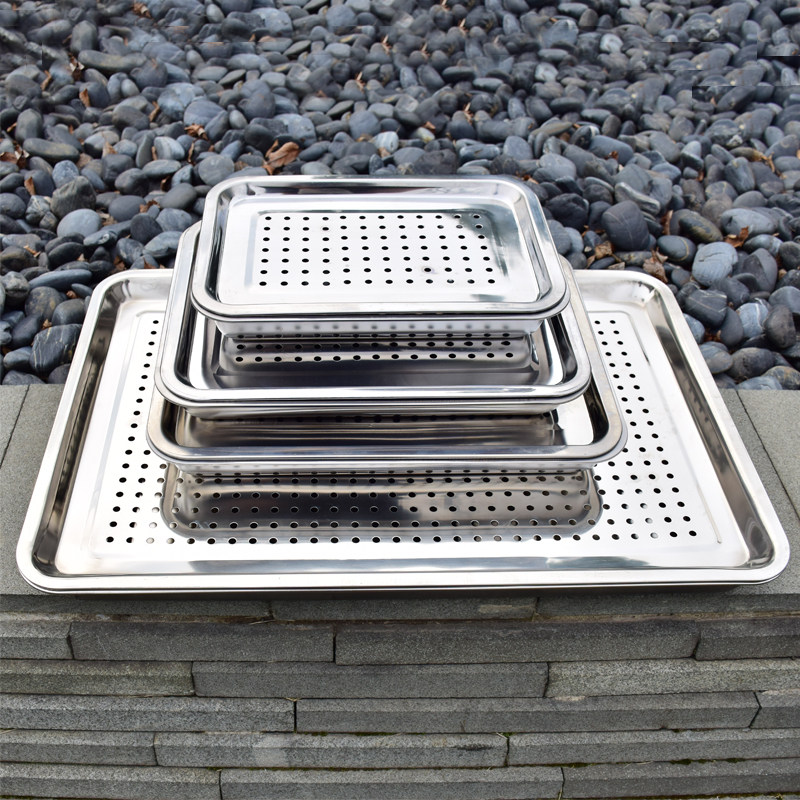 Tea tray stainless steel drain tray punching square tray commercial household drain tray steamed rice set filter tray drain plate