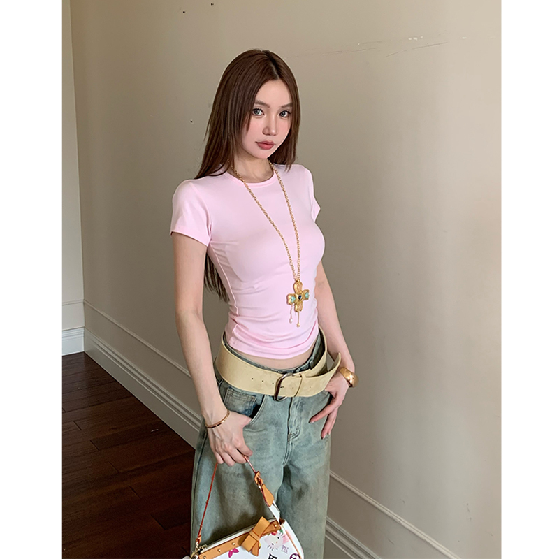 Tomatosister Korean Style Regular Shoulder Versatile Simple Round Neck Knitted Short-Sleeve T-Shirt Top for Women