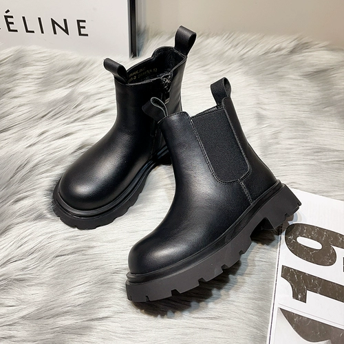 Детские кожаные ботинки, сапоги для черной кожи, воловья кожа, средней длины, тренд сезона