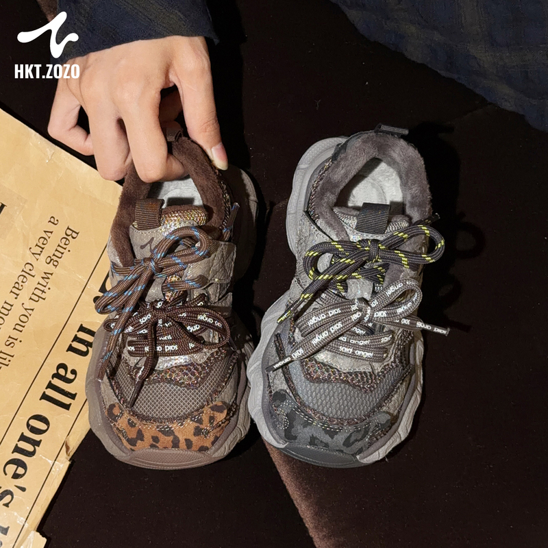 Zuozuojia Hkt Youth Fleece-Lined Warm Trendy Brand Sneakers for Older Children, Leopard Print Versatile Non-Slip Running Shoes Zuozuojia Hkt Youth Fleece-Lined Warm Trendy Brand Sneakers for Older Children, Leopard Print Versatile Non-Slip Running Shoes