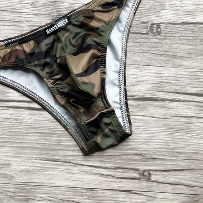 Manvenbeck Đồ lót nam Sexy Bikini Ngụy trang Màu xanh lá cây nhỏ Tam giác thấp Eo Nam U Lồi nửa Gói Quần lót hông các loại quần lót nam