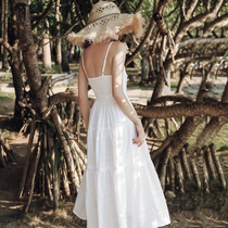 French vintage white sling chiffon dress fairy Super fairy sweet beach dress seaside holiday long dress female summer