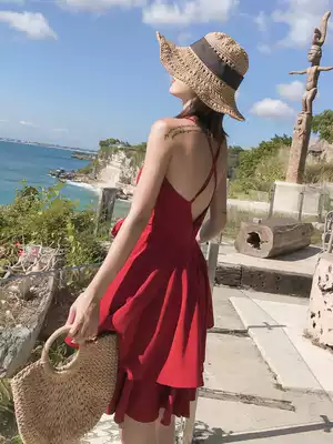 Sanya beach dress 2021 women Summer new suspenders red backless dress women super fairy seaside holiday