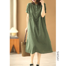 Xiao said retro-known elegant color woven linen short sleeves dress with dress vertical stripes loose and thin long dress 2022 Summer