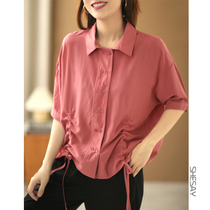 Xiao says unique design feeling ultra soft pendant pro-skin tencel shirt draw rope double-row buttoned pure color shirt mid sleeve