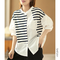 Xiao says designers striped splicing upright collar short sleeve shirt female loose casual display slim lap-like shirt
